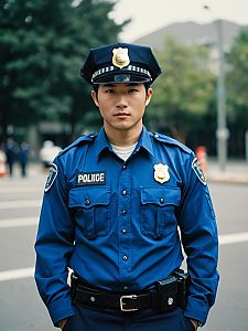 Young Male Police Officer in Blue Uniform on City Street