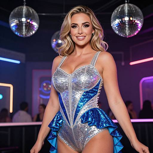 Glamorous Woman in Silver Blue Sequined Bodysuit at Disco Club