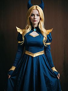 Realistic Luna Cosplay Woman Character in Blue and Gold Costume