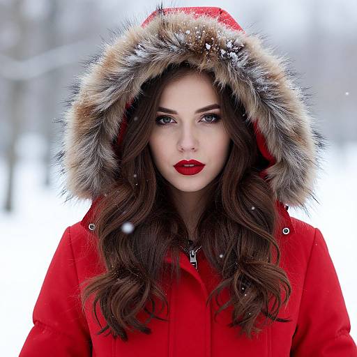 Woman in Red Winter Coat with Fur Hood in Snowy Outdoor Setting