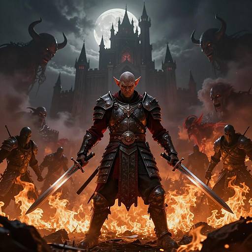 Dark Elf Warrior with Dual Swords in Fiery Gothic Castle Battle Scene