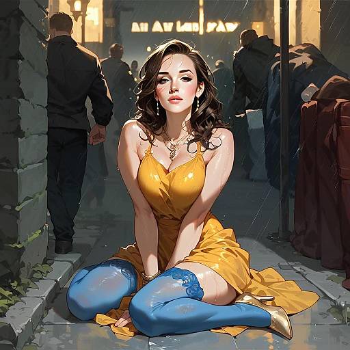 Digital Art of Woman in Yellow Dress and Blue Stockings on Urban Street