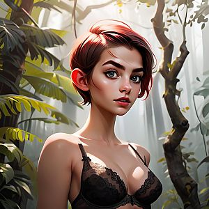 Digital Art Portrait of Young Woman in Black Lace Lingerie in Tropical Setting