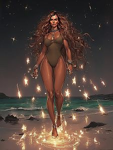 Confident Woman Walking on Magical Beach at Night