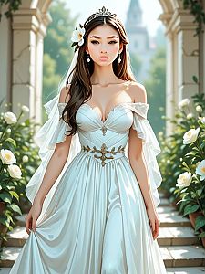 Elegant Woman in Off-Shoulder Gown in Romantic Garden