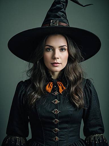 Photorealistic Woman in Elizabethan Witch Costume with Traditional Hat