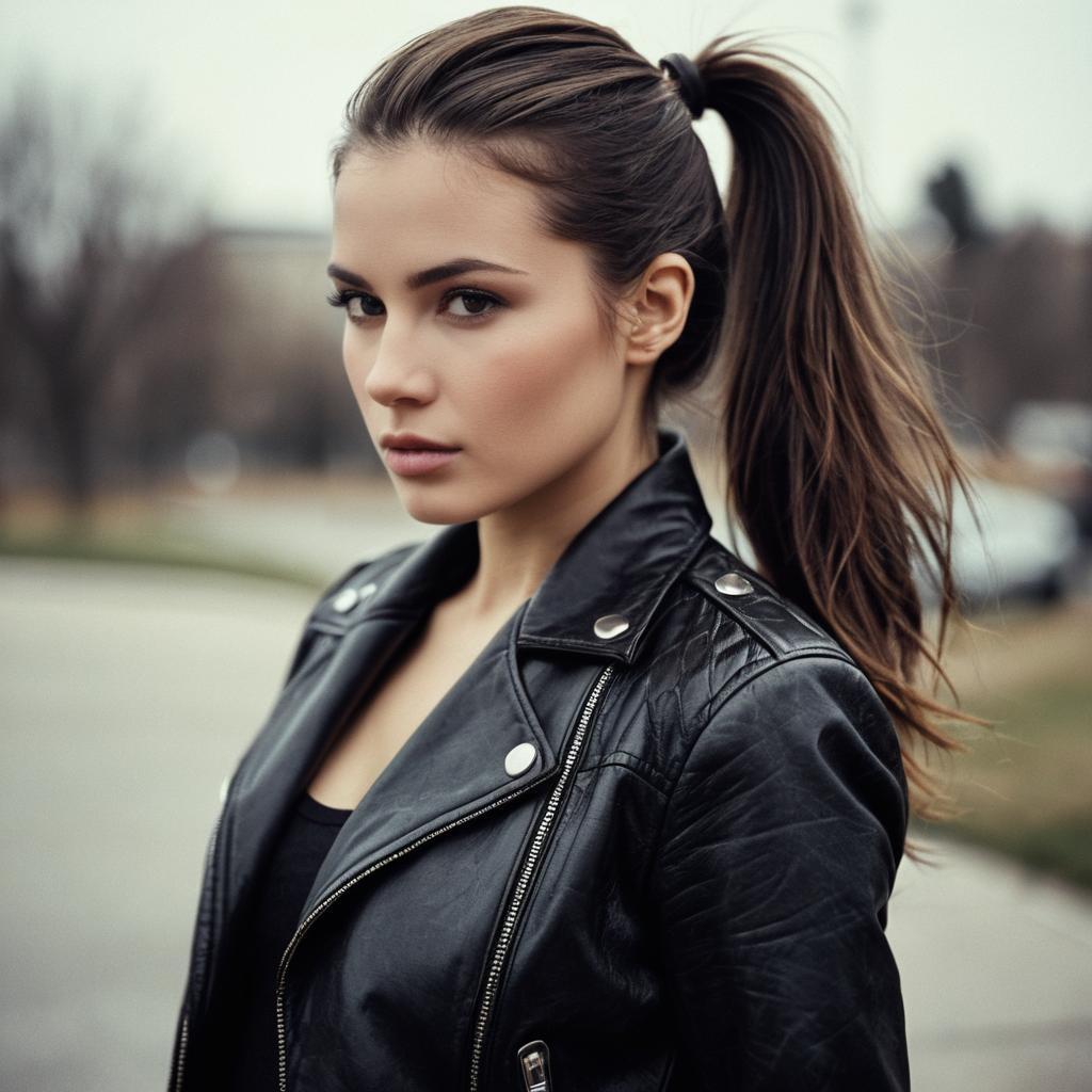 Confident Young Woman in Black Leather Blazer Confident Young Woman in Black Leather Blazer