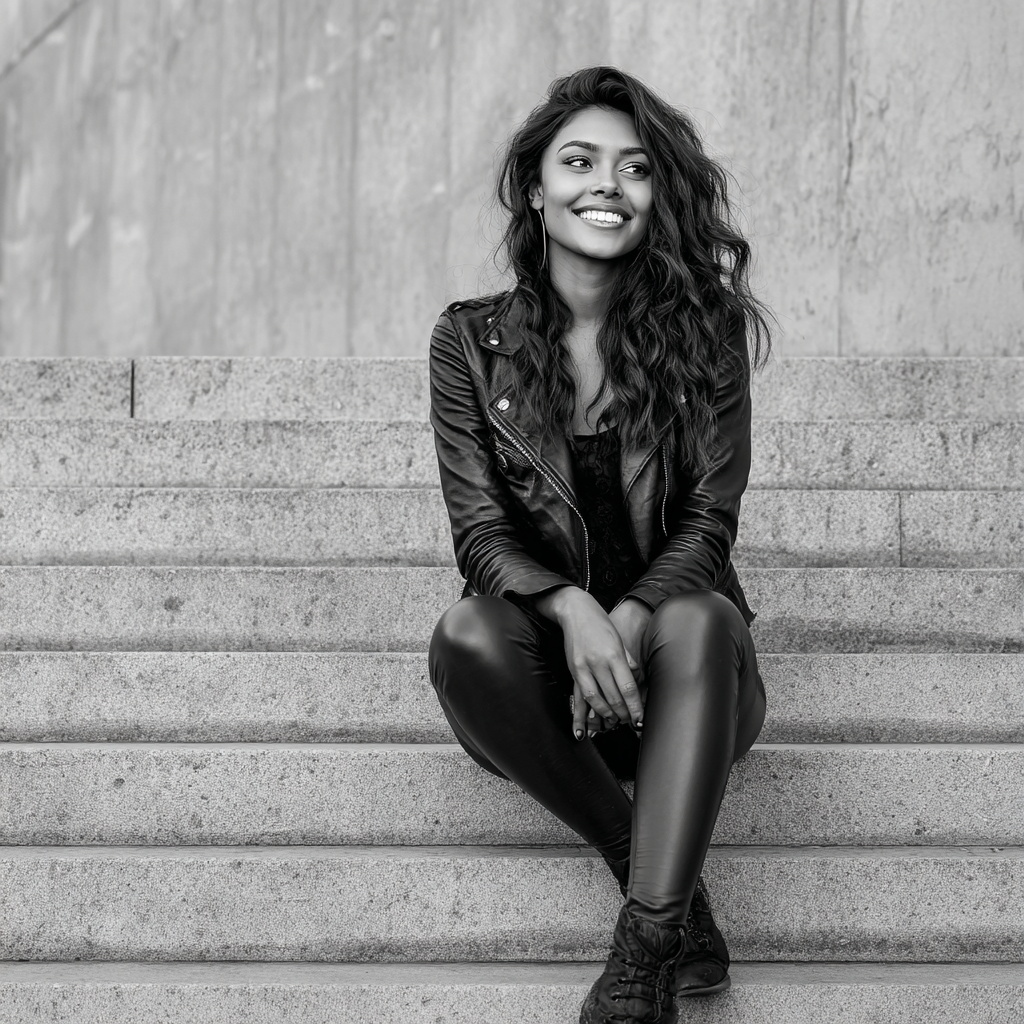 Smiling Woman in Leather Jacket on Concrete Stairs Smiling Woman in Leather Jacket on Concrete Stairs