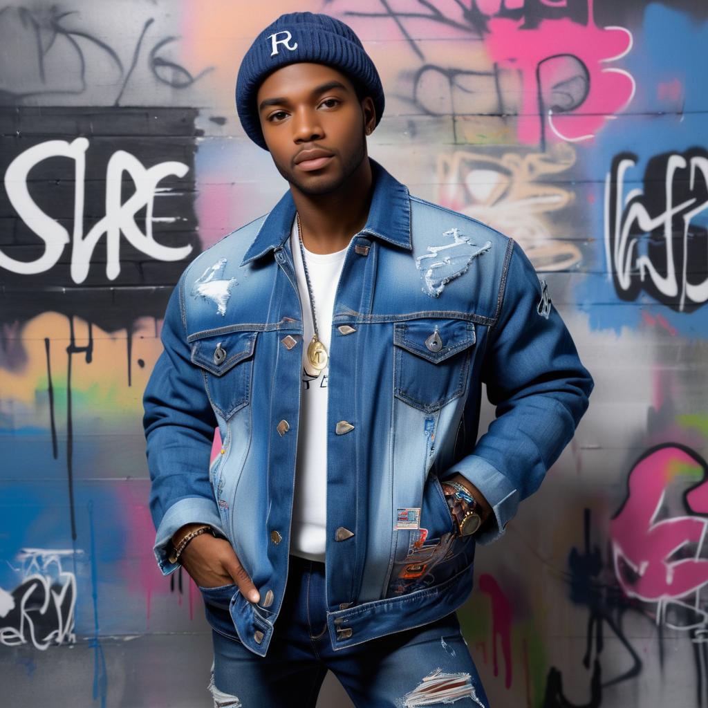 Stylish Young Man in Denim Jacket Against Graffiti