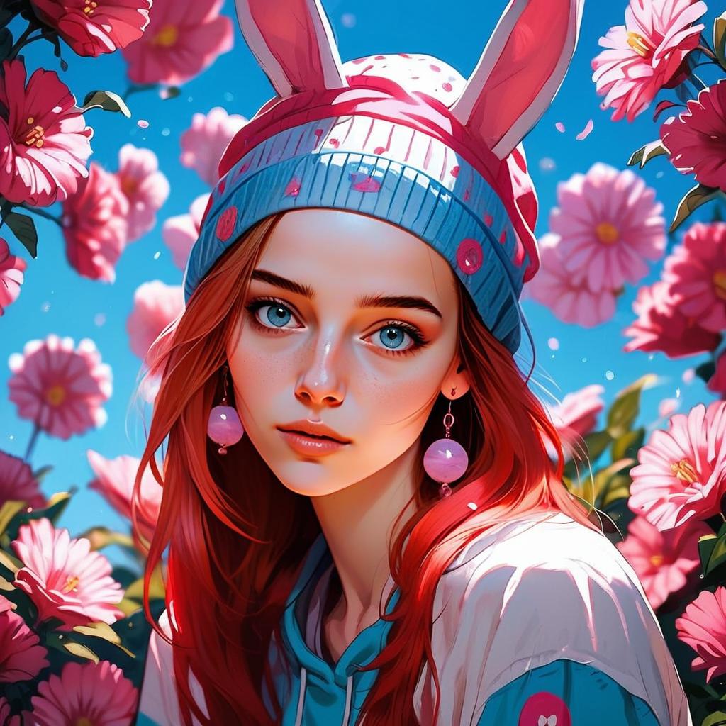 Young Woman with Blue Eyes and Red Hair in Beanie Among Pink Flowers