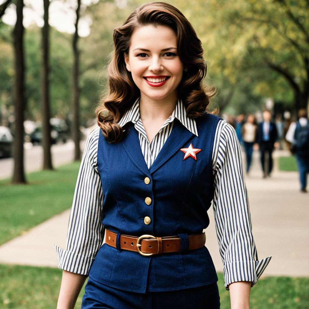 Smiling Woman in Vintage Outfit on Tree-Lined Path Smiling Woman in Vintage Outfit on Tree-Lined Path