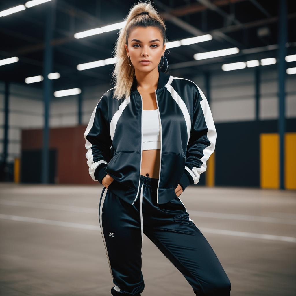 Stylish Young Woman in Black and White Tracksuit