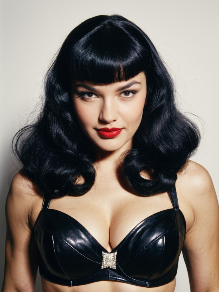 Photorealistic Cosplay of Woman with Bettie Page Bangs in Black Leather Bustier Photorealistic Cosplay of Woman with Bettie Page Bangs in Black Leather Bustier