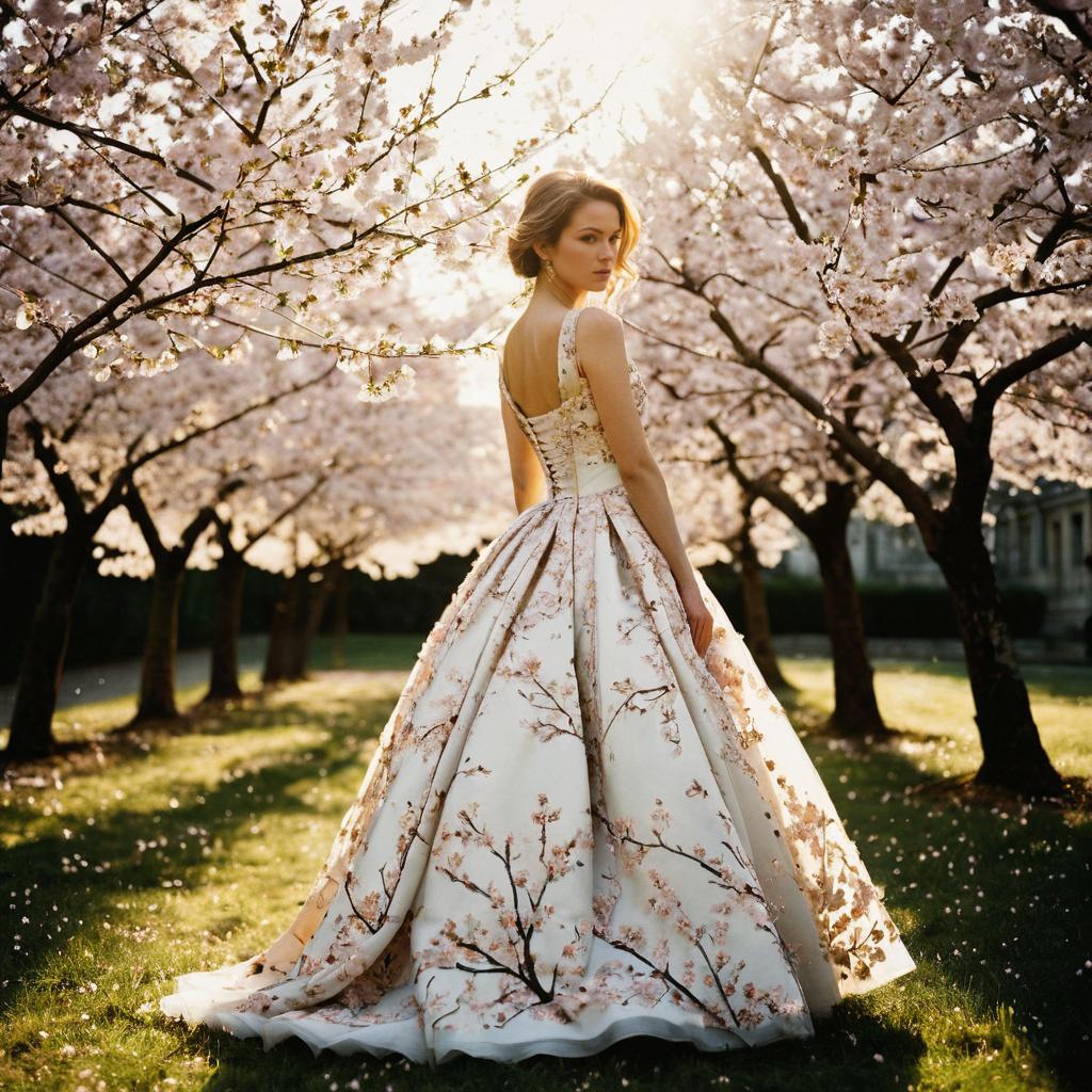 Elegant Woman in Cherry Blossom Orchard