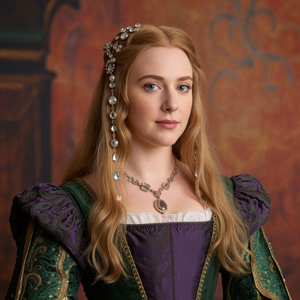 Elegant Woman in Renaissance Dress with Pearl Jewelry