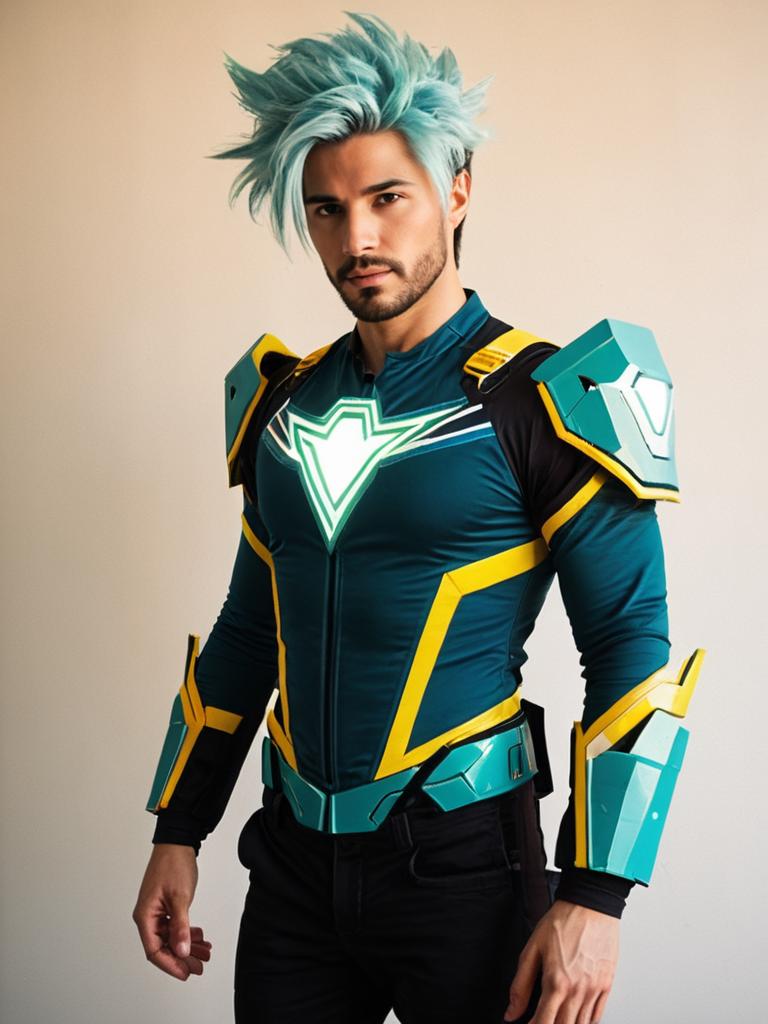 Man Cosplay Wearing Surge Costume with Futuristic Armor and Blue Hair