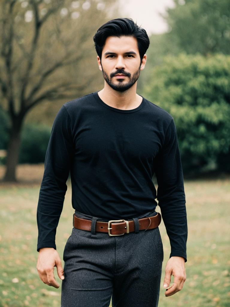 Stylish Man Wearing Black Shirt and Grey Trousers with Brown Belt Outdoors