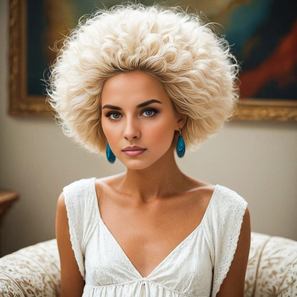 Woman with Curly Platinum Hair in White Dress Woman with Curly Platinum Hair in White Dress