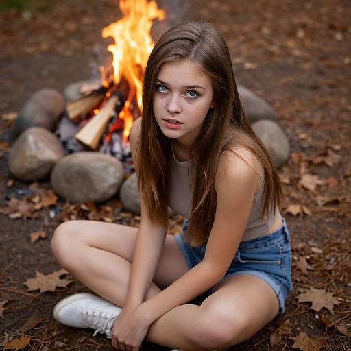 Young Woman Sitting by Campfire in Forest with Autumn Leaves
