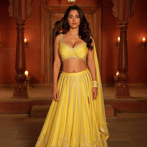 Elegant Woman in Yellow Traditional Indian Lehenga with Silver Embroidery