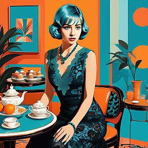 Woman with Teal Hair in Elegant Blue Lace Dress