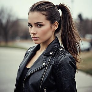 Confident Young Woman in Black Leather Blazer
