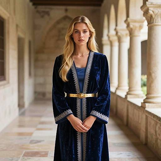 Elegant Woman Wearing Navy Blue Velvet Caftan with Embroidery and Gold Belt in Historic Corridor