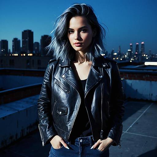 Young Woman with Silver-Blue Hair Wearing Leather Jacket on Urban Rooftop at Dusk