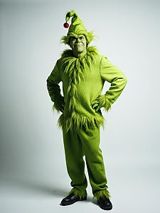 Man in Green Grinch Costume with Fur Details and Pom-Pom Hat
