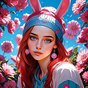 Young Woman with Blue Eyes and Red Hair in Beanie Among Pink Flowers