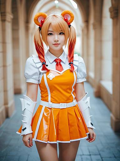 Realistic Gummy Arknights Cosplay with Orange Costume and Pigtails