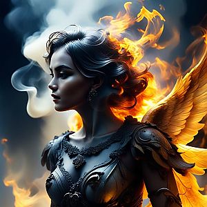 Fiery Winged Woman in Armor