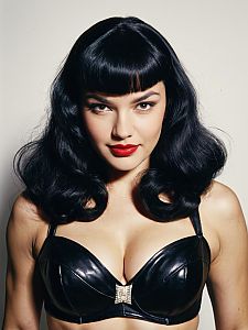 Photorealistic Cosplay of Woman with Bettie Page Bangs in Black Leather Bustier