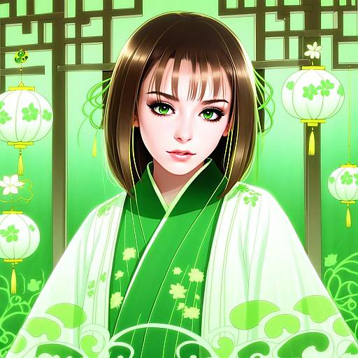 Anime Girl in Green Traditional Kimono with Floral Lanterns
