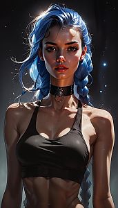 Digital Portrait of Woman with Blue Braided Hair and Black Sports Bra