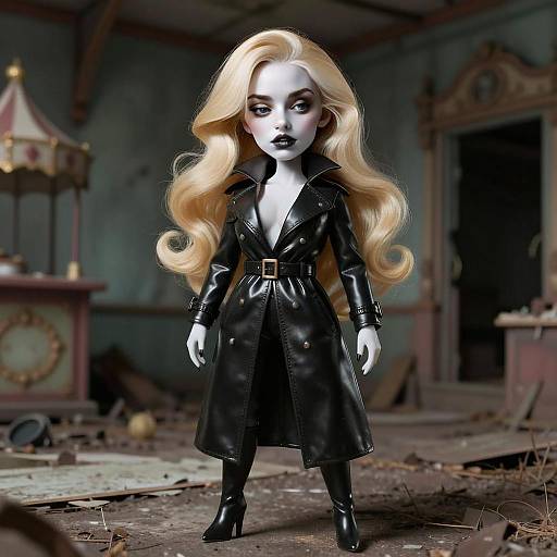 Stylized Woman in Black Leather Trench Coat with Gothic Fashion