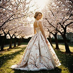 Elegant Woman in Cherry Blossom Orchard