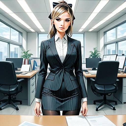 Professional Woman in Pinstripe Suit in Modern Office Illustration
