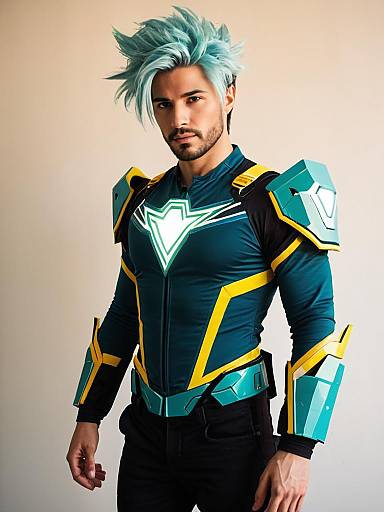 Man Cosplay Wearing Surge Costume with Futuristic Armor and Blue Hair