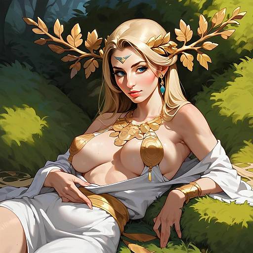 Anime Style Fantasy Woman in Elegant White and Gold Outfit with Golden Leaf Accessories