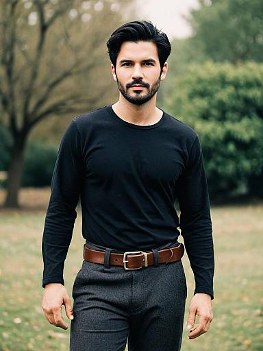 Stylish Man Wearing Black Shirt and Grey Trousers with Brown Belt Outdoors