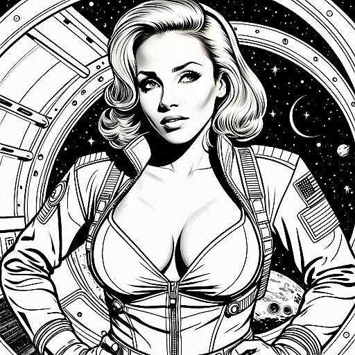 Retro Style Woman Astronaut in Space Suit Black and White Illustration