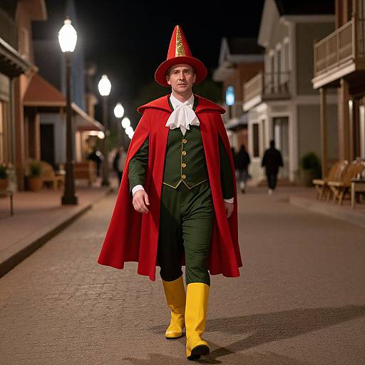 Man in Colorful Whimsical Costume Walking at Night on Street