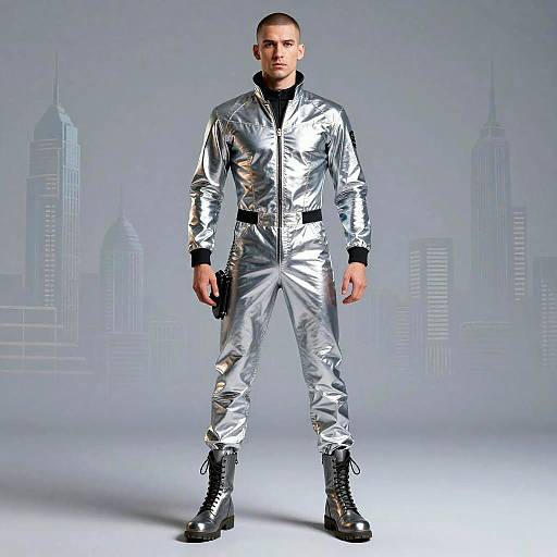 Man in Futuristic Silver Metallic Jumpsuit with Combat Boots