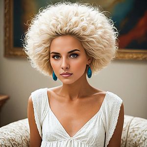 Woman with Curly Platinum Hair in White Dress