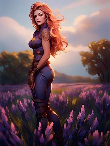 Digital Fantasy Illustration of Woman in Futuristic Outfit in Lavender Field