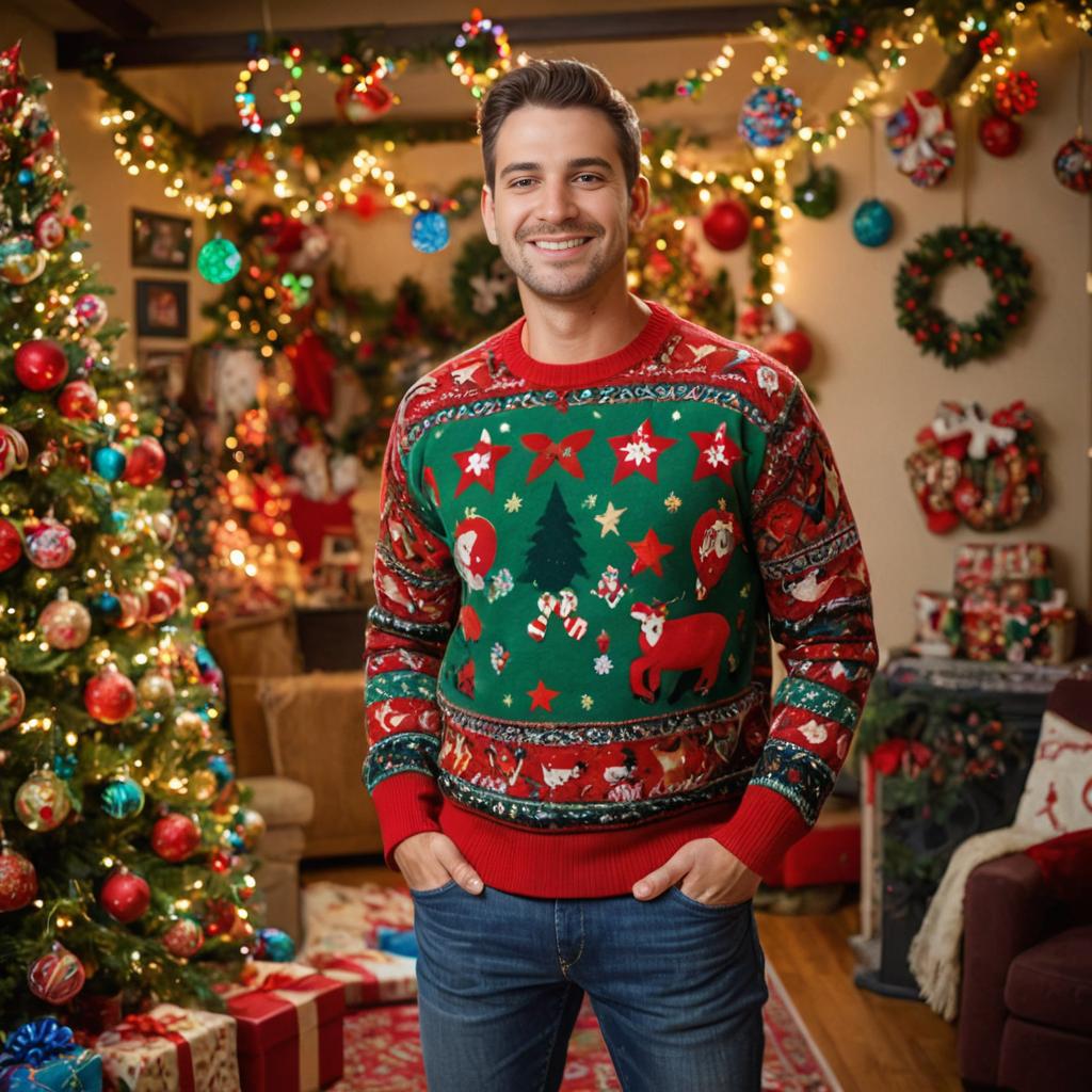 Smiling man in festive ugly Christmas sweater