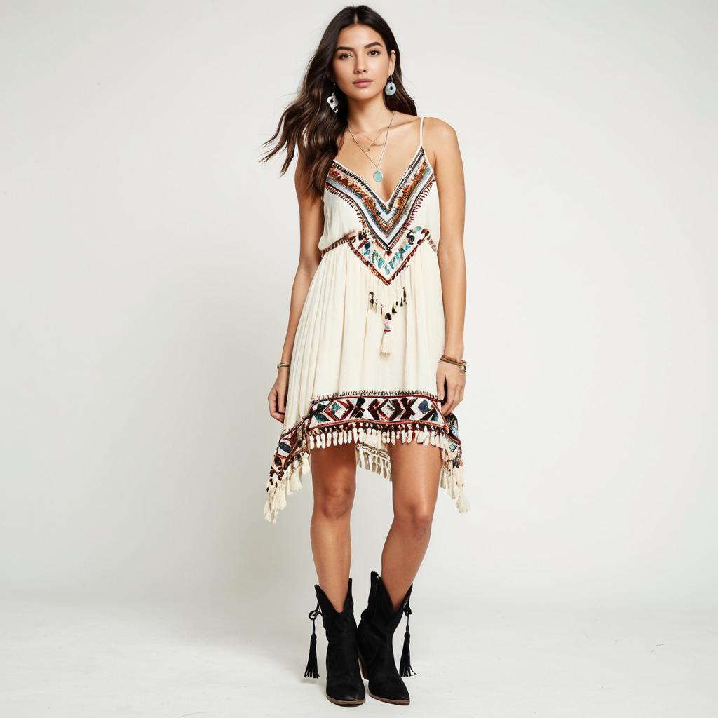 Boho Chic Woman Wearing Cream Colored Embroidered Mini Dress with Tassels
