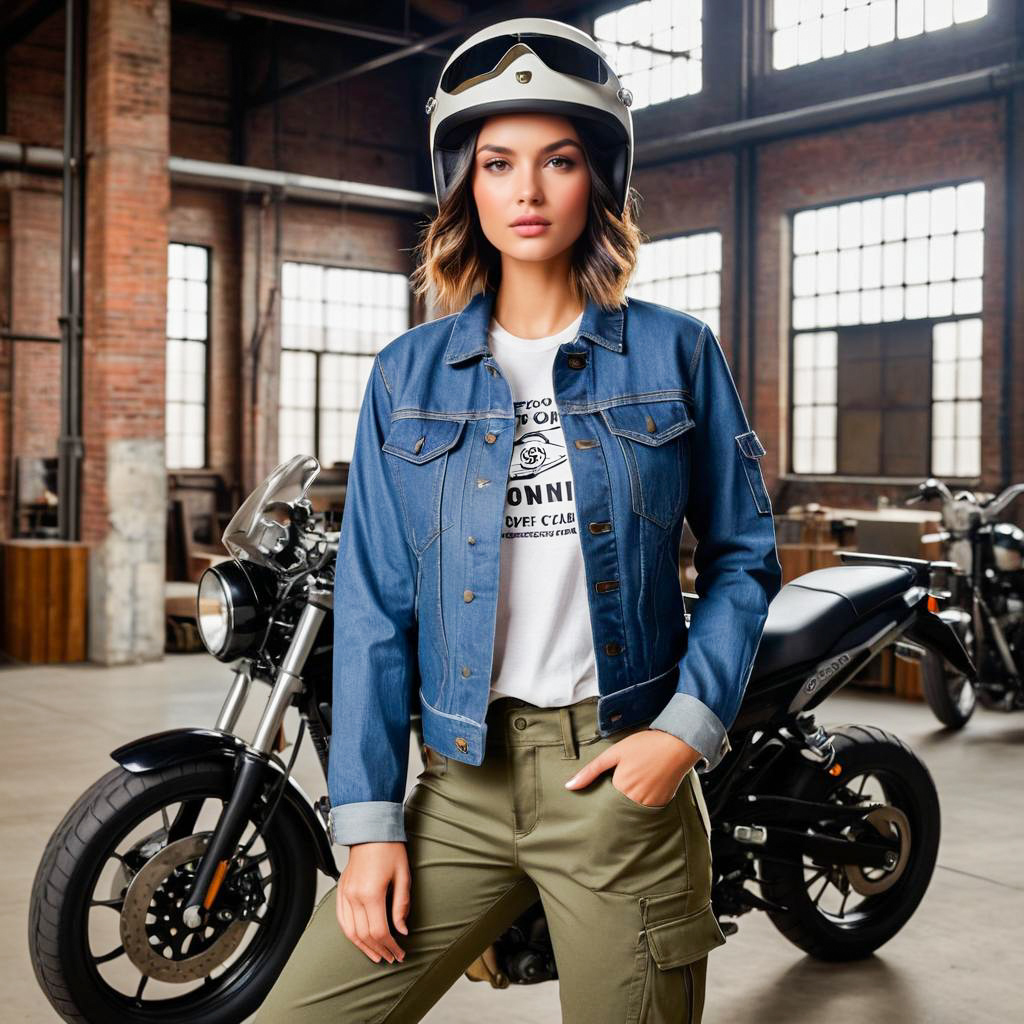 Confident Young Woman in Denim Jacket with Motorcycle