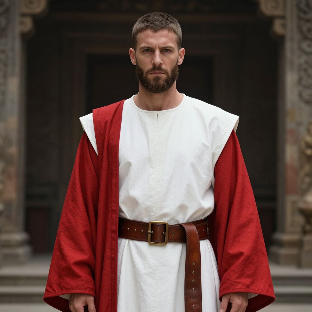Man Wearing Roman Tunic and Red Cloak in Historic Setting
